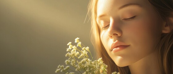 Close-up portrait of a young woman with her eyes closed and a peaceful expression on her face. she is holding a bunch of small white flowers in her hand.