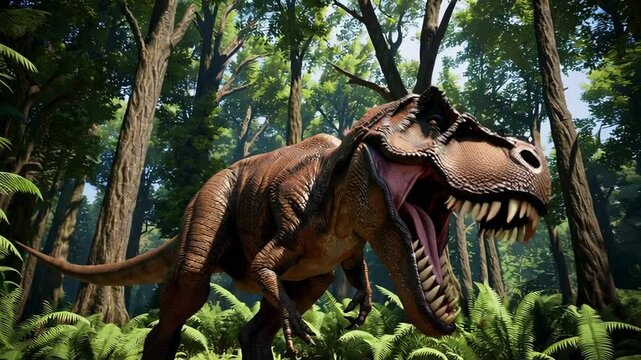 Slow motion rendering of a tyrannosaurus rex roaring amidst ferns and tall trees within a dense jungle, creating a captivating prehistoric scene