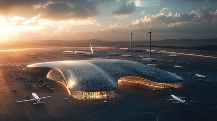 Obraz premium futuristic airport with solar-powered runways and wind turbines.