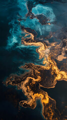 Abstract Aerial View of Golden and Teal Water Patterns