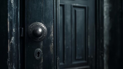 A close-up view of an antique door with a keyhole and doorknob, featuring peeling paint and weathered wood.