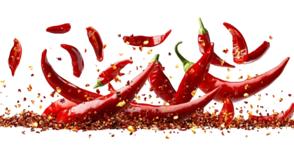 Red chili peppers flying through the air on a transparent background , chopped pieces falling off, Chili Peppers in Motion on a transparent background