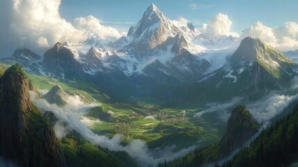 Alps in Switzerland, where snow-covered peaks rise above lush green valleys.