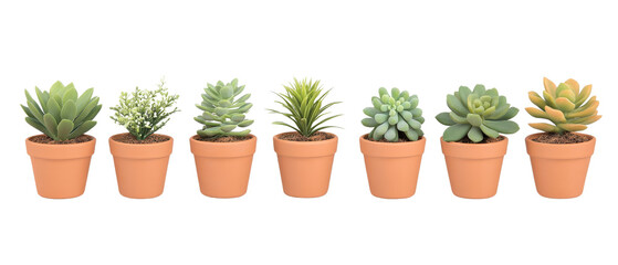 Assorted Succulent Plants in Clay Pots on White Background