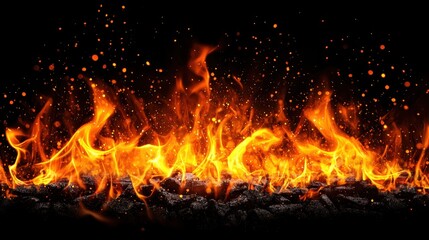Intense flames and glowing embers on a dark backdrop