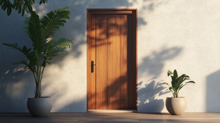 Elegant wooden door with tropical plants and shadows on a textured wall