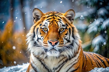 Naklejka premium Majestic Tiger in Snowy Landscape, Wildlife Photography, Snow Tiger, Winter Scene