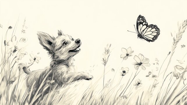 Cute sketch of a puppy chasing a butterfly in a flower field, with tall grass swaying in the wind