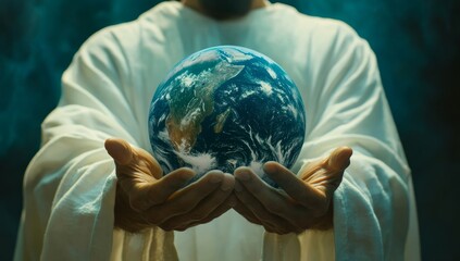 A symbolic image of Jesus hands holding the earth Portraying his love for humanity