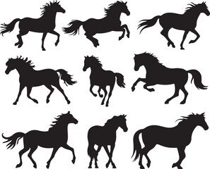 A collection of black silhouettes of horses in different dynamic poses, such as running, trotting, and standing.