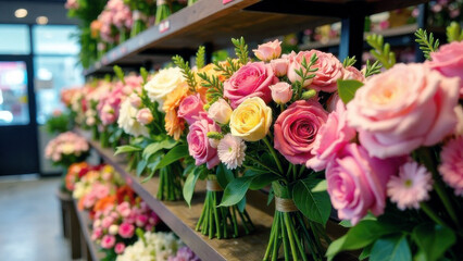 In the window of a flower shop, beautiful bouquets of flowers stand in vases. The concept of a women's holiday.