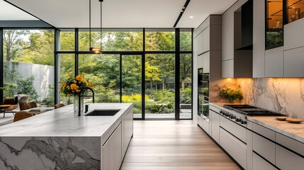 A modern kitchen with marble countertops and an expansive glass wall that offers a serene view of lush greenery.