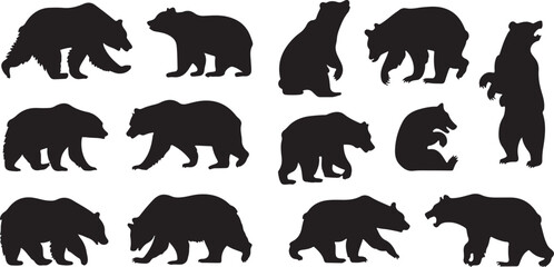 A set of twelve black bear silhouettes in different stances and positions.