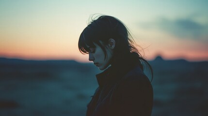 A silhouette of a person in profile against a vivid sunset sky suggests quiet reflection and the beauty of solitude in nature&rsquo;s embrace.