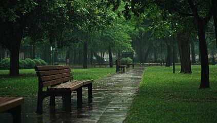 Rainy Day Serenity: A park bench under the summer rain