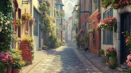 Fototapeta premium charming European street with cobblestone paths and blooming flower baskets.
