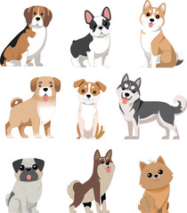 Adorable cartoon illustrations of diverse dog breeds, perfect for pet-related products, children's books, or educational materials.
