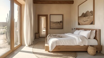 A serene and minimalist bedroom design with a desert landscape-inspired color palette.