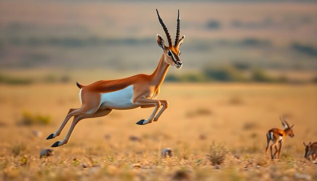 an antelope running in a field with other antelope in the background