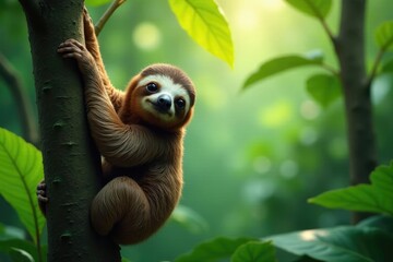 Naklejka premium A sloth hangs from a tree branch in a lush rainforest environment, sloths, herbivore