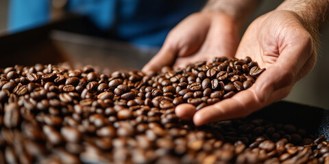 Hand demonstration of roasted coffee beans