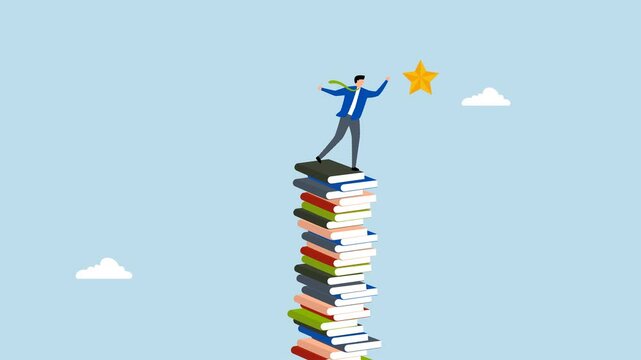 study help reach goal and success, 4k animation of clever entrepreneur ascends pile of books to achieve objective