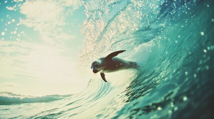 Obraz premium A dolphin joyfully rides the crest of a pristine wave under a sunlit sky, capturing the freedom and exhilaration of the open ocean.