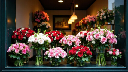 In the window of a flower shop, beautiful bouquets of flowers stand in vases. The concept of a women's holiday.