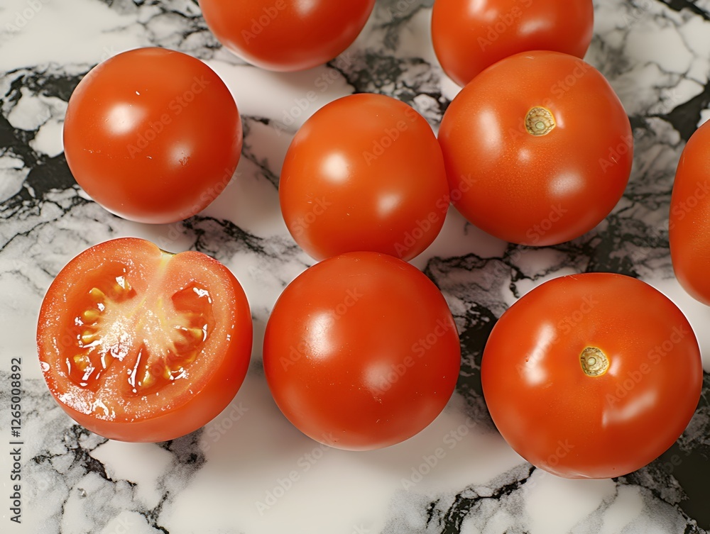 Poster fresh tomatoes in a group with a cut one showing the inside on a marble surface