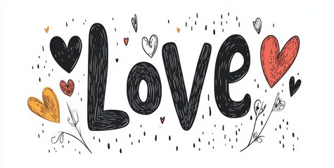 The word LOVE is beautifully illustrated with hand-drawn lettering and hearts, making for a lovely modern design suitable for printing on various items like tees, posters, and banners