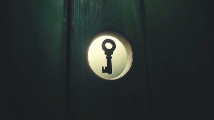 Keyhole view in a wooden door, illuminated by soft light, symbolizing mystery and discovery.