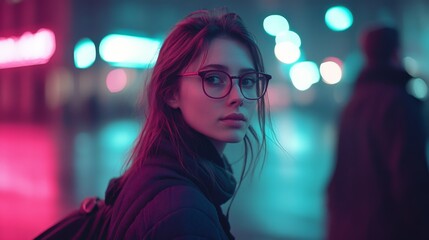 A young woman pauses on an urban street bathed in neon lights, capturing a moment of modern allure and reflective contemplation.