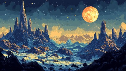 Fototapeta premium Pixel art depicting the moon and Earth in an alien landscape