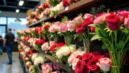 Obraz premium In the window of a flower shop, beautiful bouquets of flowers stand in vases. The concept of a women's holiday.