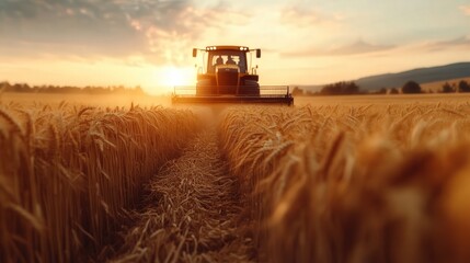 Fototapeta premium A tractor majestically moves through a golden wheat field at sunset, illustrating the beauty of agriculture and the hard work that goes into harvesting crops during the golden hour.