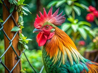Majestic Green Crested Rooster in Garden Profile - Metal Fence Stock Photo