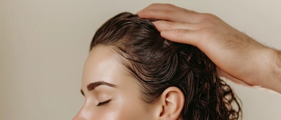 Naklejka premium Close-up of a woman's head and neck. she appears to be in her late twenties or early thirties. her hair is wet and curly, and her eyes are closed.