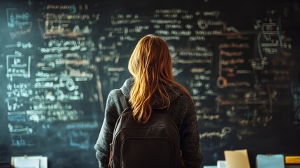 With a school backpack, a young individual faces a sprawling chalkboard filled with complex formulas, representing determination and the pursuit of academic success.