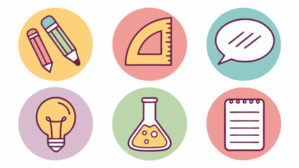 A vibrant collection of educational icons featuring pencils, a protractor, a light bulb, a test tube, a speech bubble, and a notepad.
