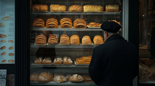 Bread loaves in a shop window, varying in shape and size, as a person admires the assortment in a baker's display.