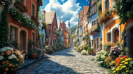 Fototapeta premium A quaint street lined with charming houses and overflowing flower boxes.