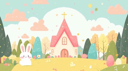 Fototapeta premium Charming Easter Church in a Whimsical Countryside Landscape