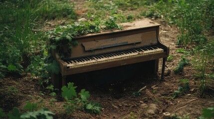 An old upright piano rests in a clearing, partially covered by foliage, suggesting nature's reclaiming power juxtaposed with human artifice.