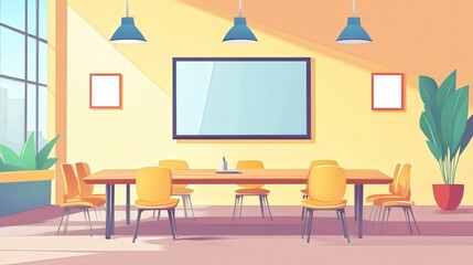 Fototapeta premium clean, simple image of a meeting room with a large wooden table, chairs, and a presentation screen