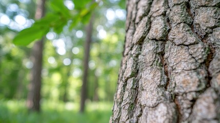 Obraz premium Forest tree bark texture, sunlight, green background, nature photography, website banner