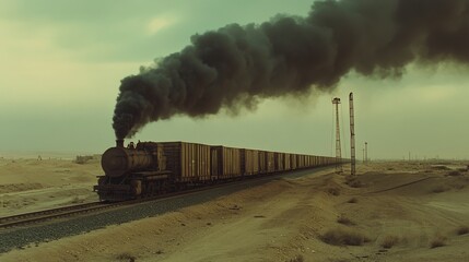 Fototapeta premium A steam locomotive billows thick black smoke as it speeds across a desolate desert landscape, capturing the raw power and nostalgia of a bygone era.