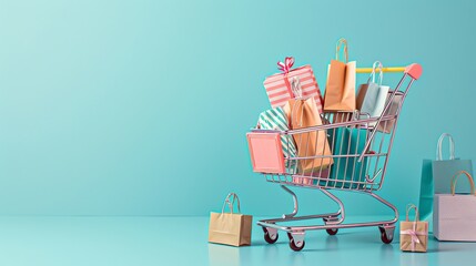 A shopping cart filled with colorful shopping bags against a blue background.