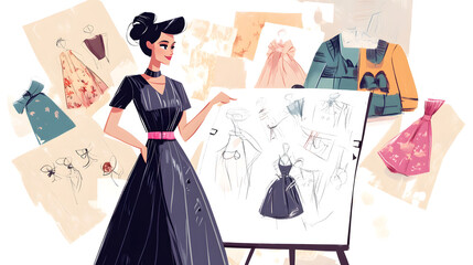 A fashion designer proudly presents her latest sketches and designs for elegant dresses and jackets.
