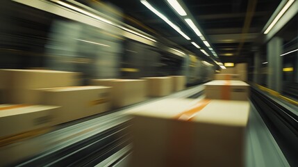 Blurred image of parcels in motion on conveyor belts captures the brisk pace of an efficient sorting facility.