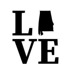 Love Alabama lettering with map. USA patriotic sign. Vector template for typography poster, banner, flyer, greeting card, etc.